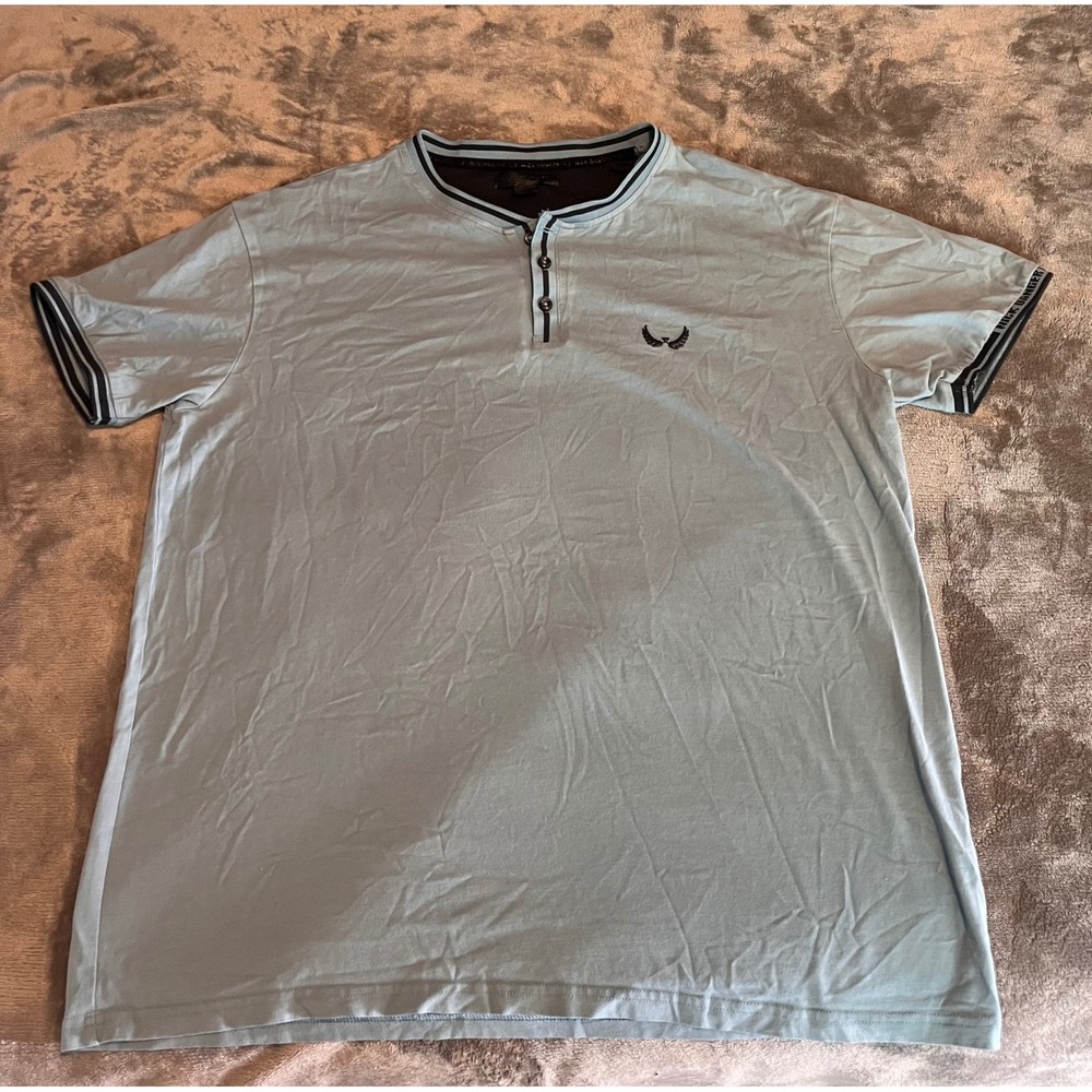 Nick Danger Mens Light Blue Short Sleeve Henley Shirt Wing Logo XL
